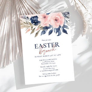 Invitation Elégant bleu marine Blush rose floral Brunch de Pâ