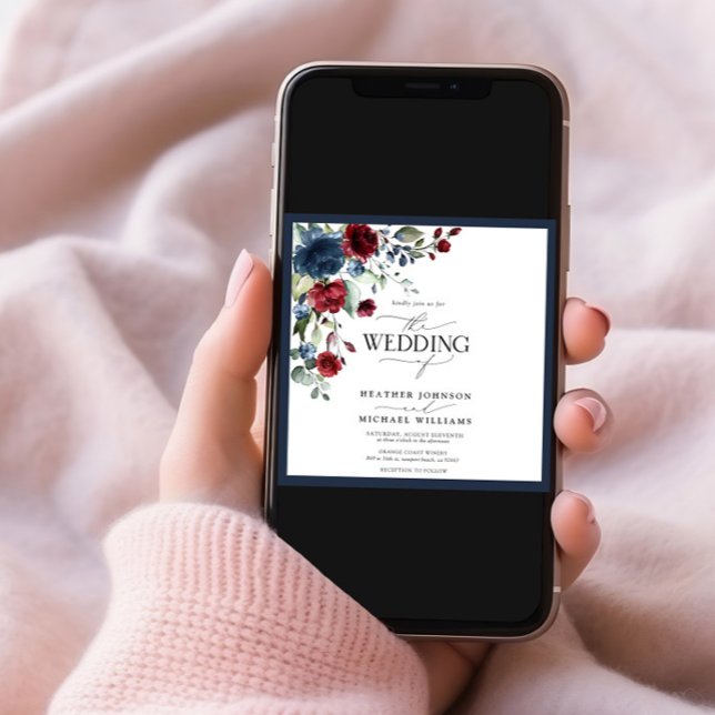 Invitation Elégant bleu marine Bourgogne floral aquarelle pho (Créateur téléchargé)