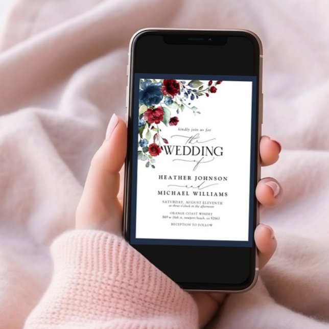 Invitation Elégant bleu marine Bourgogne floral aquarelle pho (Créateur téléchargé)