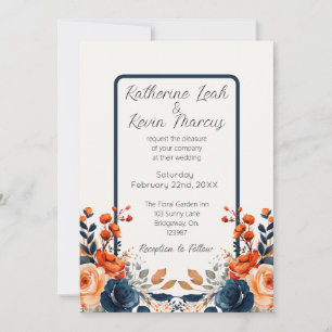 Invitation Elégant bleu marine Burnt Orange Aquarelle Floral
