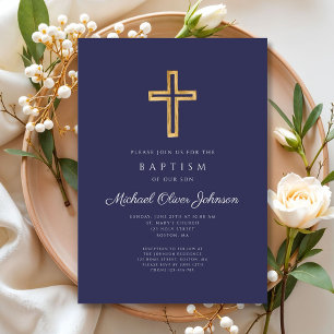 Invitation Élégant bleu marine Croix religieuse Boy Baptism