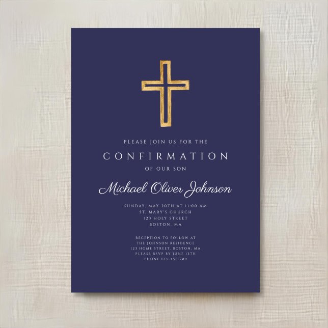 Invitation Elégant bleu marine Croix religieuse Confirmation  (Elegant Navy Blue Religious Cross Boy Confirmation Invitation)