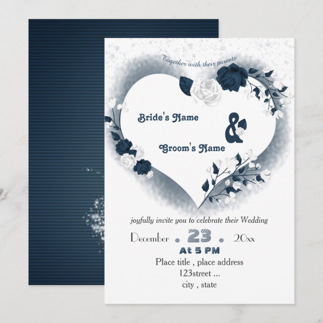 Invitation élégant bleu marine et blanc coeur floral mariage (Devant / Derrière)