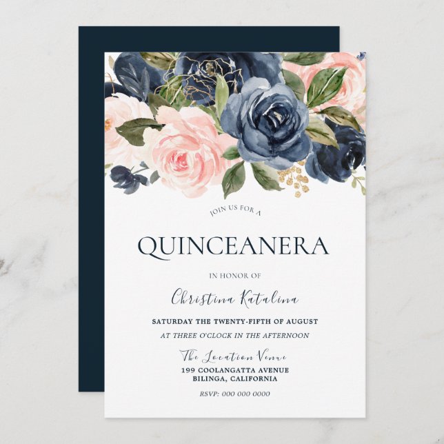 Invitation Elégant bleu marine et blanc Quinceanera rose (Devant / Derrière)