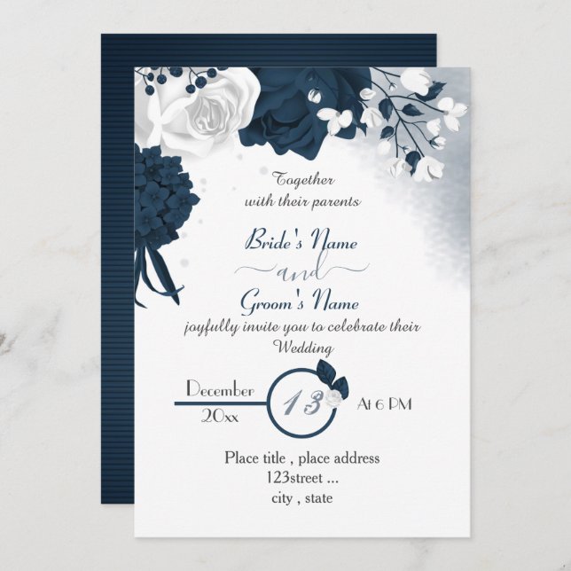 Invitation élégant bleu marine et fleurs blanches mariage (Devant / Derrière)