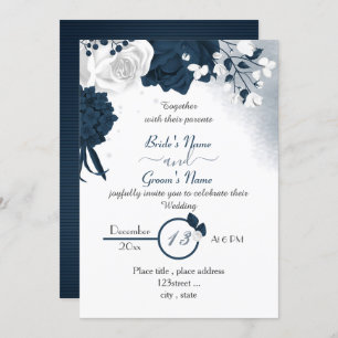 Invitation élégant bleu marine et fleurs blanches mariage