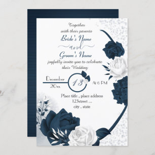 Invitation élégant bleu marine et fleurs blanches mariage