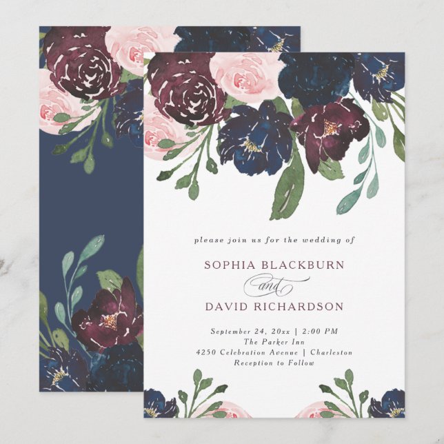 Invitation Elégant bleu marine et flore de prune | MARIAGE (Devant / Derrière)