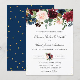 Invitation Elégant bleu marine et mariage floral bordeaux