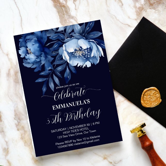 Invitation Elégant bleu marine floral anniversaire modèle (Elegant navy blue floral birthday party editable template invitation digital download blue peonies)