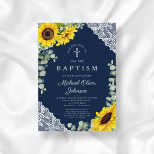 Invitation Elégant bleu marine Floral Cross Boy Baptism garço