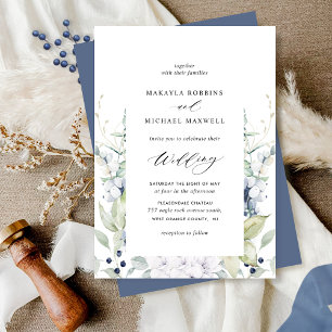 Invitation Elégant bleu marine Floral et Mariage vert Inv