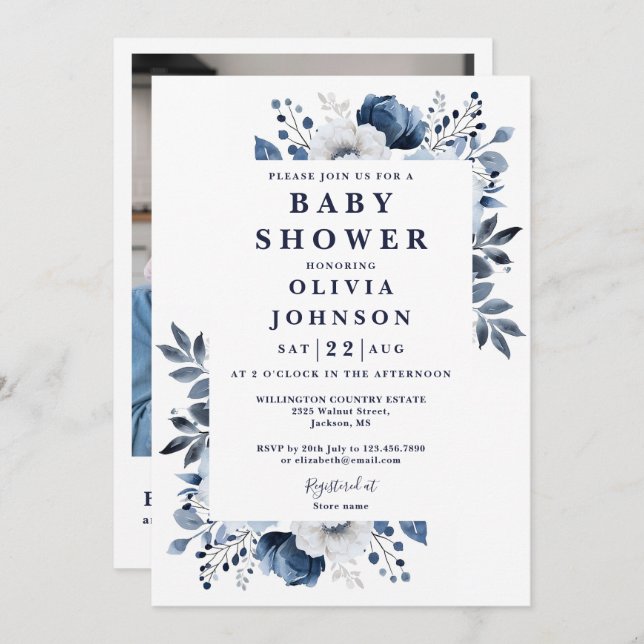 Invitation Elégant bleu marine floral photo QR Baby shower (Devant / Derrière)