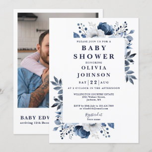 Invitation Elégant bleu marine floral photo QR Baby shower