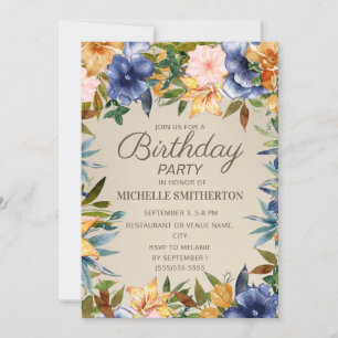 Invitation Élégant bleu marine jaune floral femme anniversair