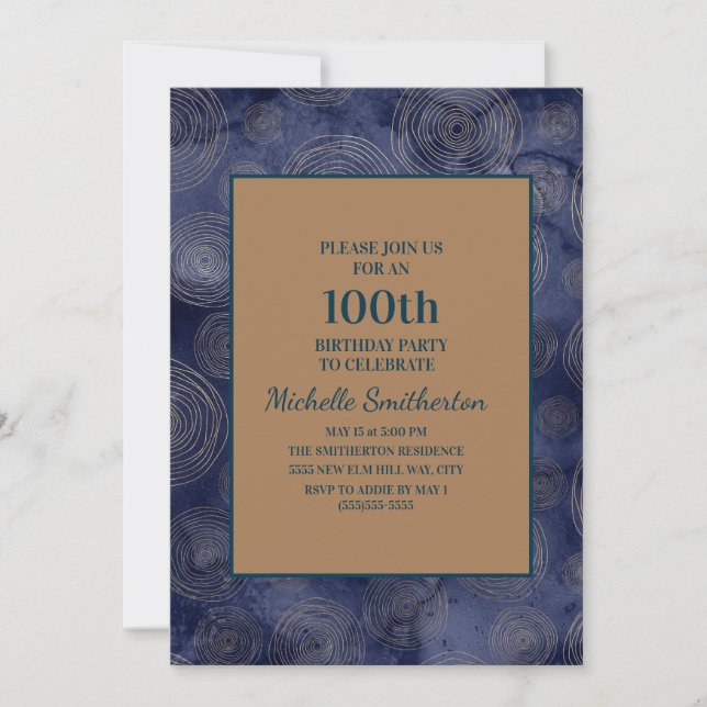Invitation Elégant bleu marine or 100e anniversaire (Devant)