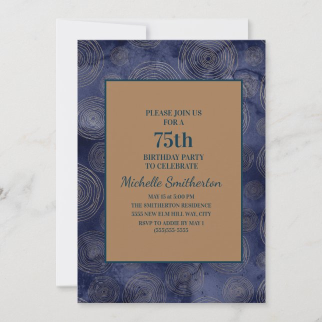 Invitation Elégant bleu marine or 75e anniversaire (Devant)