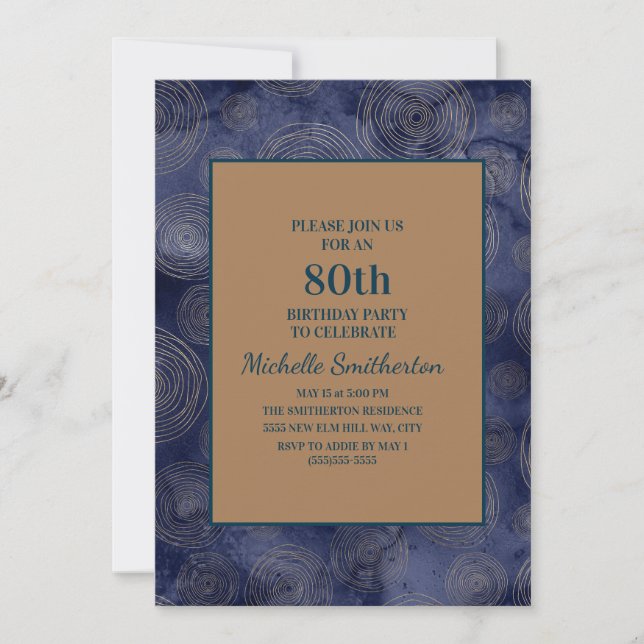 Invitation Elégant bleu marine or 80e anniversaire (Devant)