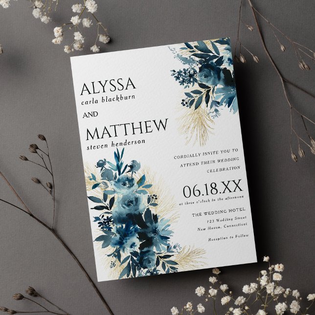 Invitation Elégant bleu marine or aquarelle mariage (Elegant navy blue gold watercolor floral wedding invitation )