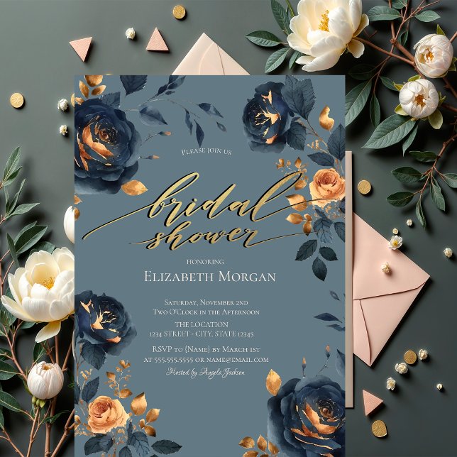 Invitation Élégant bleu marine or fleurs mariage  (Créateur téléchargé)