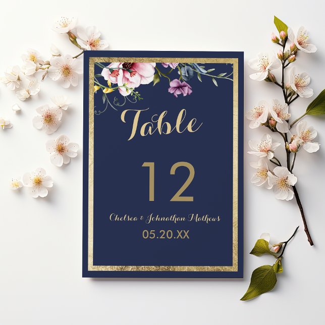 Invitation Elégant bleu marine or rose floral chiffres de tab (Elegant navy blue gold pink floral Table Numbers)