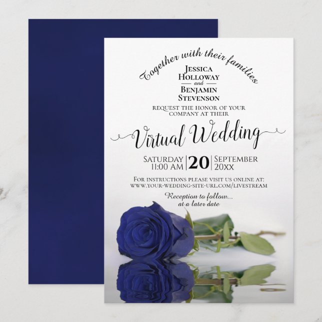 Invitation Élégant bleu marine reflétant Rose Mariage virtuel (Devant / Derrière)