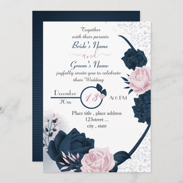 Invitation élégant bleu marine & rose fleurs mariage (Devant / Derrière)