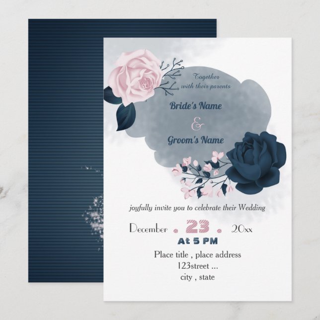 Invitation élégant bleu marine & rose fleurs mariage (Devant / Derrière)