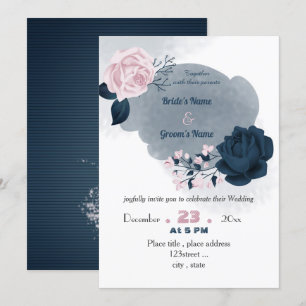 Invitation élégant bleu marine & rose fleurs mariage
