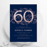 Invitation Elégant bleu marine Rose or 60e anniversaire<br><div class="desc">Elégant bleu marine rose or 60ème anniversaire invitation fête. Design féminin moderne et personnalisable,  avec des accents botaniques rose et de l'or rose faux parties scintillant. Carte invitation florale simple parfaite pour une célébration anniversaire élégante. Personnalisez avec vos propres détails. Invitations Zazzle imprimées ou téléchargement instantané modèle imprimable numérique.</div>