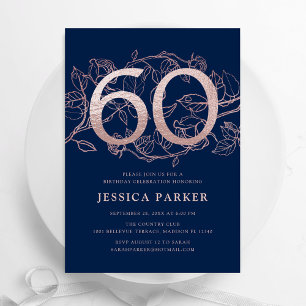 Invitation Elégant bleu marine Rose or 60e anniversaire