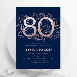 Invitation Elégant bleu marine Rose or 80e anniversaire