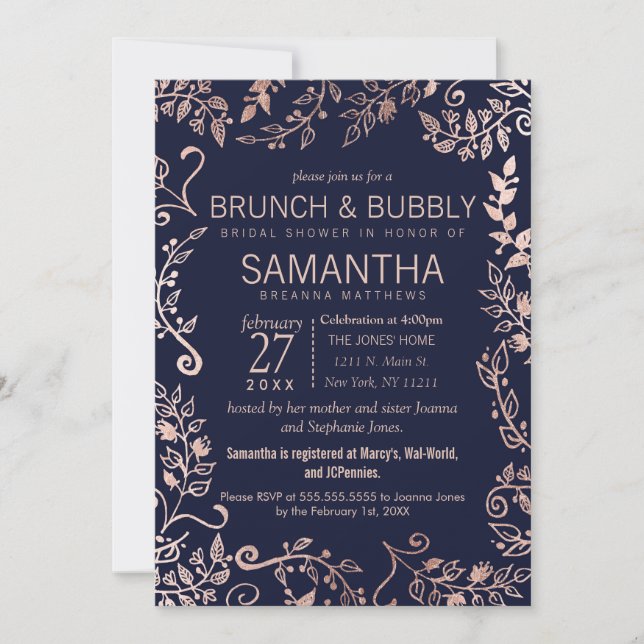 Invitation Elégant bleu marine Rose or Floral Brunch Bubbly (Devant)
