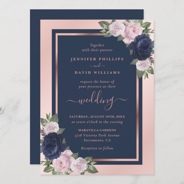 Invitation Elégant bleu marine Rose or Floral Mariage (Devant / Derrière)