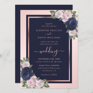 Invitation Elégant bleu marine Rose or Floral Mariage