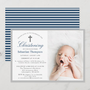 Invitation Élégant Bleu Marine Stripes Photo Christening