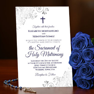 Invitation Elégant bleu marine sur blanc Mariage catholique m
