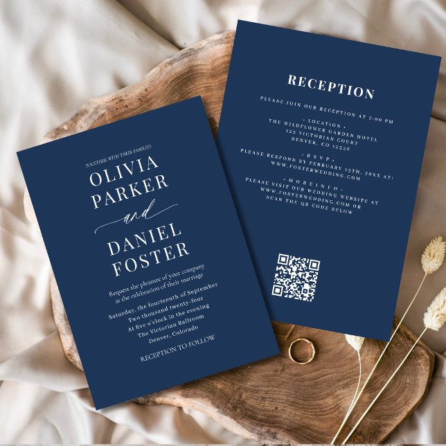 Invitation Élégant bleu marine tout en un Mariage de code QR (Créateur téléchargé)