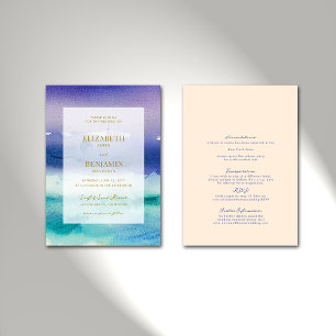 Invitation Elégant bleu mer violet tout en une plage Mariage