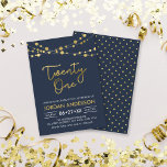 Invitation Elégant bleu moderne Faux Gold Lights 21e annivers<br><div class="desc">Invitation moderne 21ème anniversaire avec d'élégantes cordes de lumières et le mot "Vingt et un" en faux or contre un arrière - plan bleu foncé. La carte comprend un motif correspondant à l'arrière. Consultez d'autres éléments correspondants ici https://www.zazzle.com/collections/strings_of_lights_faux_gold_celebration_collection-119311942951401241?rf=238364477188679314 Personnalisez-le en remplaçant le texte de l'espace réservé pour ajouter vos informations....</div>