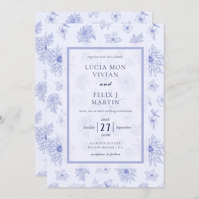 Invitation Elégant bleu neutre Ombre floral Mariage (Devant / Derrière)