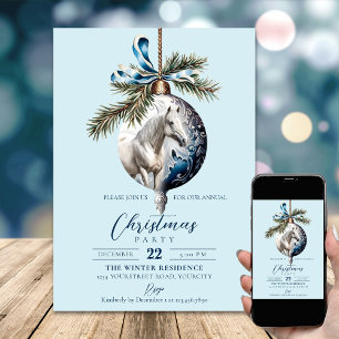 Invitation Élégant bleu Noël blanc cheval équestre