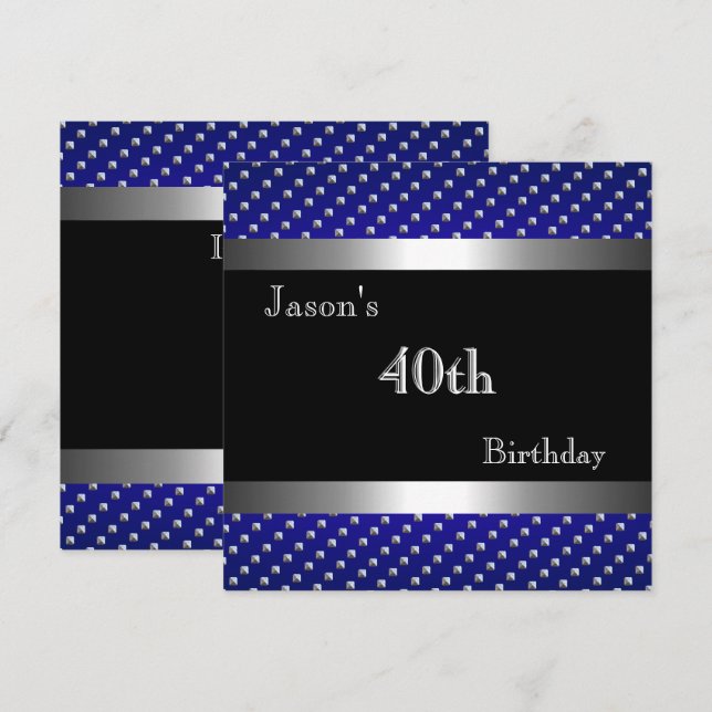Invitation Elegant Bleu Noir Argent Studs 40e Anniversaire Ho (Devant / Derrière)