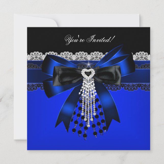 Invitation Élégant bleu noir blanc diamant perle dentelle soi (Devant)
