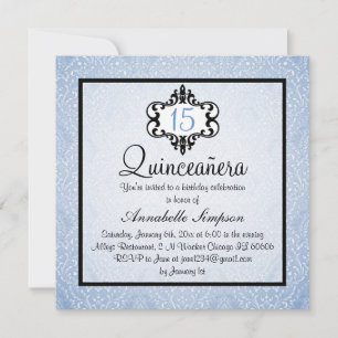 Invitation Elégant bleu/noir Chic Damask Quinceanera Invitati
