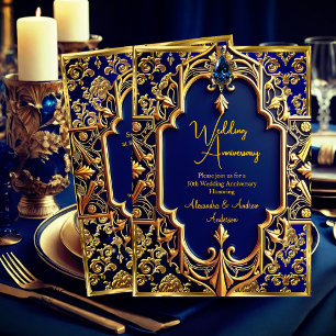 Invitation Élégant Bleu Nuit Gemme Or 50e Anniversaire