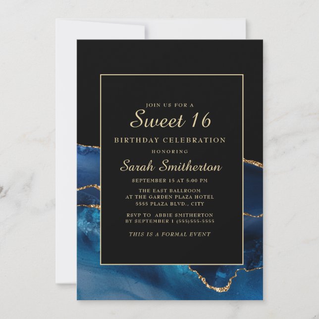 Invitation Élégant Bleu Nuit Or Agate Marbre Sweet 16 (Devant)