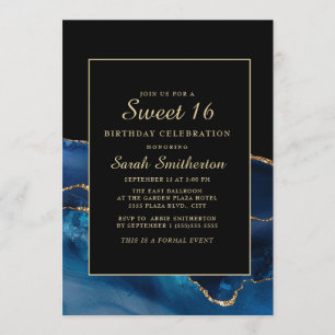 Invitation Élégant Bleu Nuit Or Agate Marbre Sweet 16