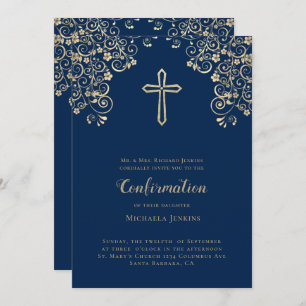 Invitation Élégant Bleu Or Bible Verse Confirmation