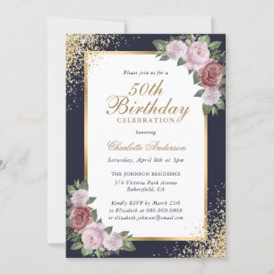 Invitation Elégant bleu or Confetti Floral 50e anniversaire